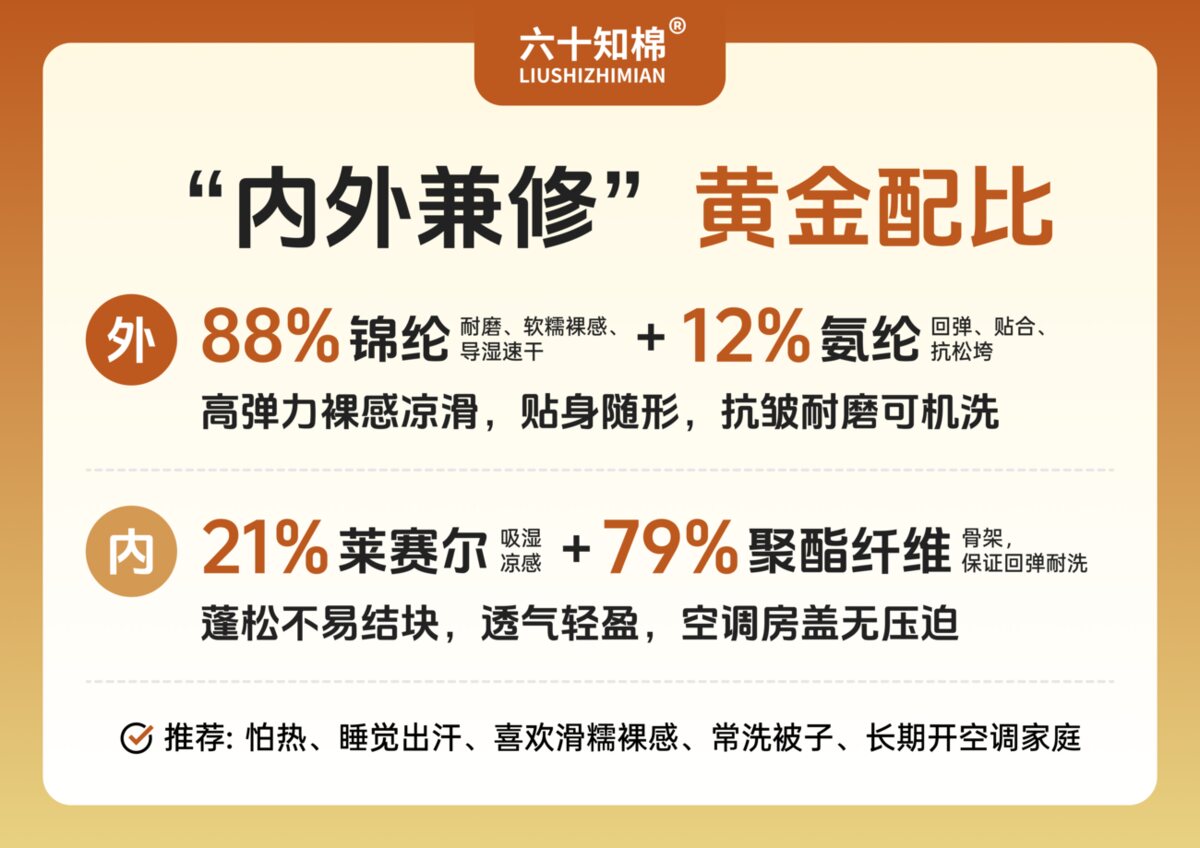 冰淇淋凉感被黄金配比：88% 锦纶 + 12% 氨纶面料，21% 莱赛尔 + 79% 聚酯纤维填充